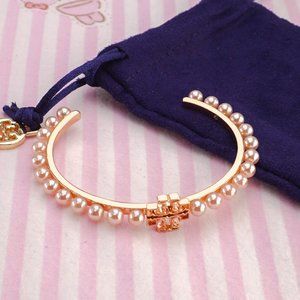 Tory Burch Embellished Pearl Open Cuff Bracelet in Rose Gold